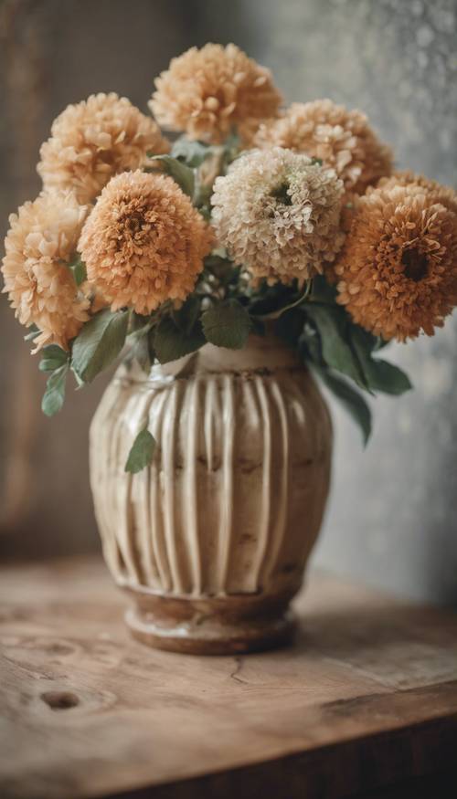 A beautiful display of an assortment of tan flowers in a vintage vase.