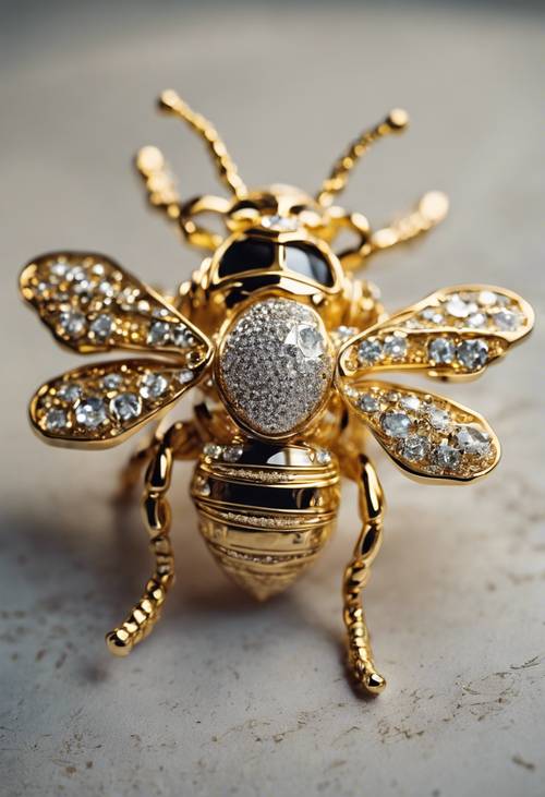 A realistic gold bee brooch adorned with tiny diamonds. Wallpaper [3158b9a2edbb4923938e]