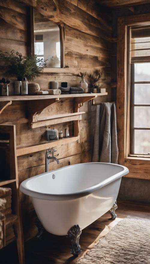 Ayaklı küvet ve ahşap makyaj masası içeren modern, rustik bir banyo.