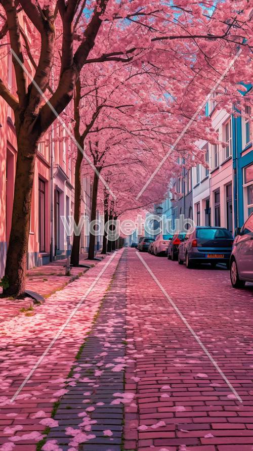 Уличная сцена с розовым цветением вишни