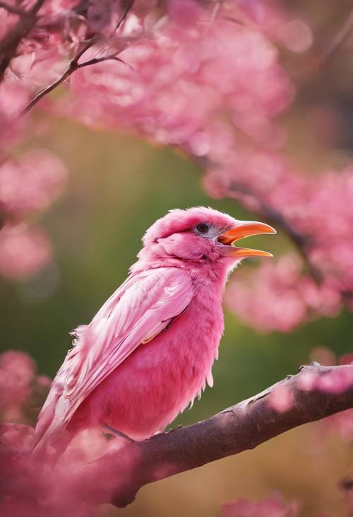 Uno sgargiante uccello rosa che canta melodiosamente in una luminosa giornata di sole.