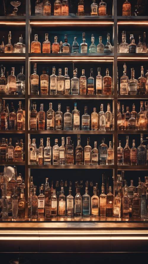 A modern cocktail bar, featuring illuminated shelves of premium spirits. Divar kağızı [d00b7f297ec04695bc8f]