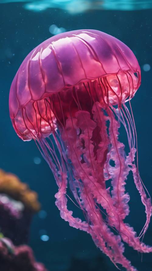 Ubur-ubur berwarna merah muda gelap mengambang dengan anggun di perairan biru jernih akuarium yang tenang.