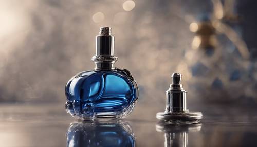 Botol parfum antik berwarna biru safir dengan alat penyemprot perak.