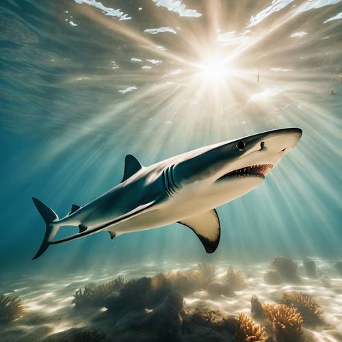 An underwater scene of a blue shark circling a shipwreck, with rays of sunlight penetrating through the water.