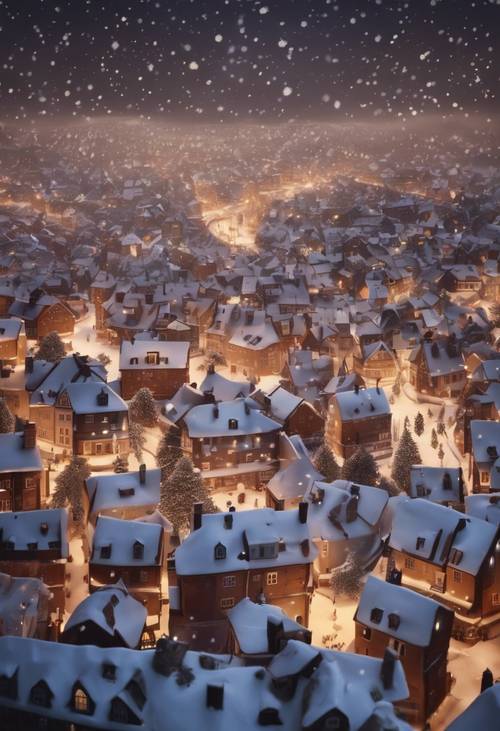 A bird's eye view of a snow-covered town with brown roofs and chimneys, on Christmas night.