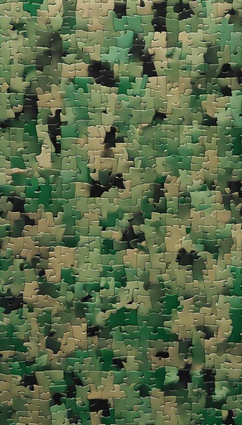 Skomplikowany wzór kamuflażu wykonany z powiązanych ze sobą elementów układanki w różnych odcieniach zieleni, brązu i czerni.