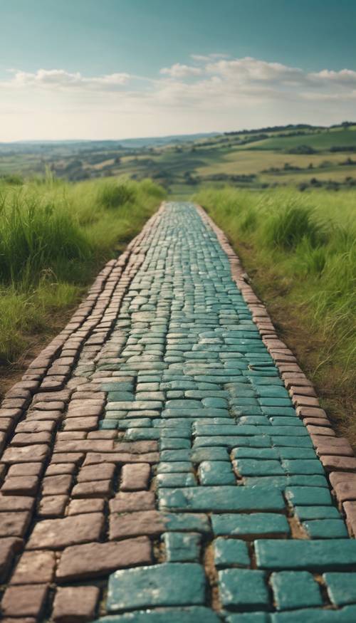 Una vecchia strada di mattoni verde acqua che si allontana in lontananza su dolci colline di campagna.