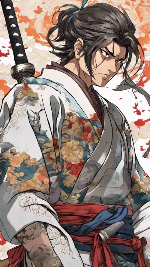 Karakter anime tradisional, seorang samurai muda dengan pedang di punggungnya dan ekspresi tegas di wajahnya.