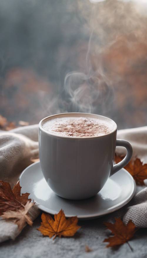 Eine Nahaufnahme einer Tasse dampfend heißen Kakaos an einem hellgrauen, kühlen Herbstmorgen.