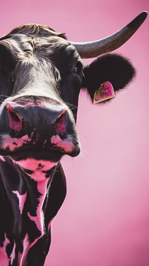 Cetakan sapi bergaya pop-art berwarna hitam dan merah muda.