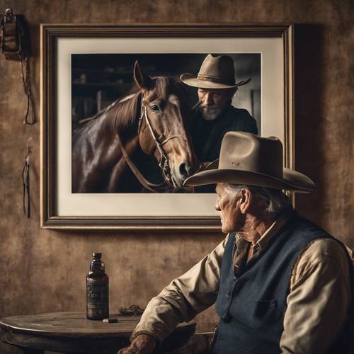 An old cowboy gazing at a vintage photo of his youthful self and his first horse in a dimly lit room. Tapéta [3691d074872c4ed6ae53]