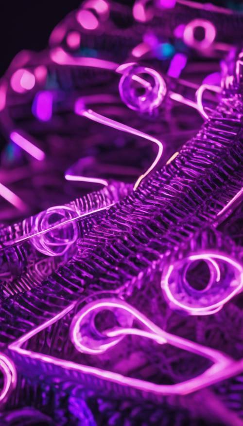 Une vue rapprochée des lumières LED violet néon formant des motifs complexes.