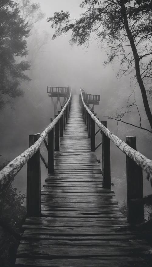 A black and gray wooden bridge disappearing into a forest with thick fog.
