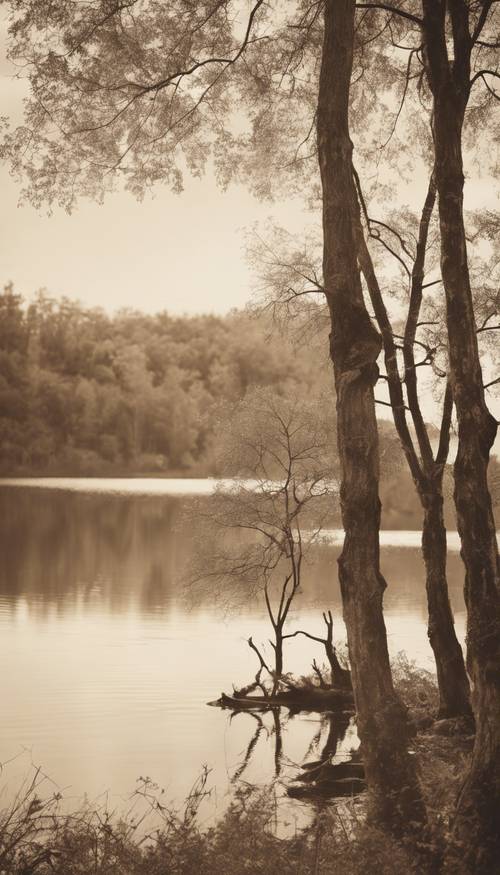 An antique sepia-toned photo of a tranquil lake surrounded by tall, weathered trees".