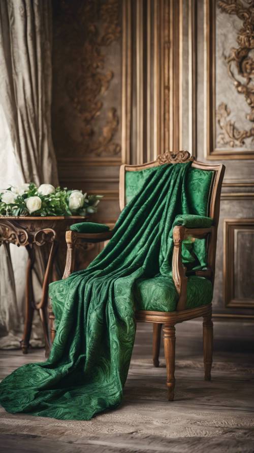 A luxurious green damask fabric draped over an antique wooden chair.
