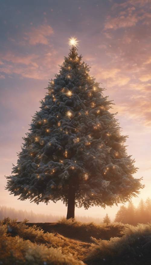 Un arbre de Noël serein au lever du soleil, entouré de nature dans une forêt magique.