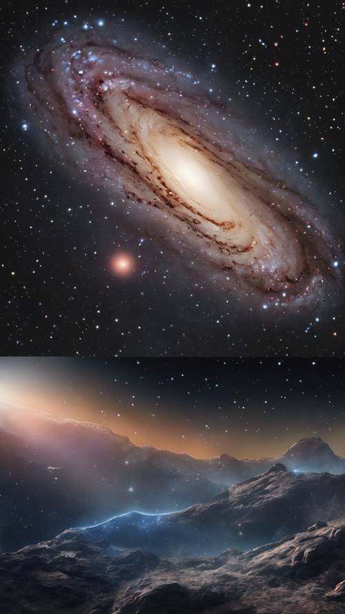 Zifiri karanlık gökyüzündeki Andromeda galaksisinin pitoresk bir tablosu.