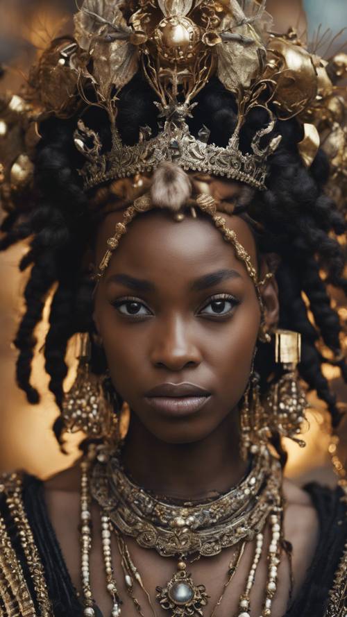 화려한 왕관을 쓴 젊은 흑인 여왕이 충성스러운 신하들에게 둘러싸여 있습니다.