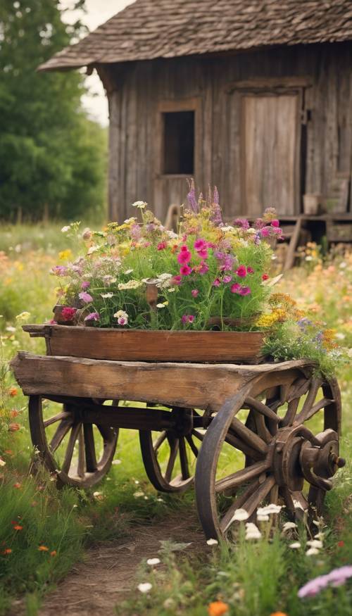 Un antico carretto di legno carico di vivaci fiori di campo in un ambiente rustico di campagna.