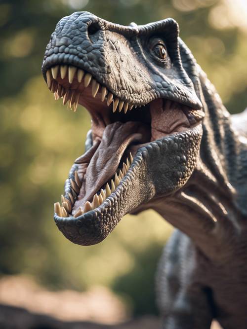Вид серого динозавра, мирно зевающего в теплом утреннем свете.