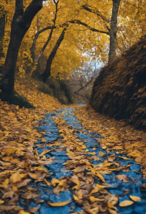 A path in the woods with yellow fallen leaves covering the blue stream flowing by.