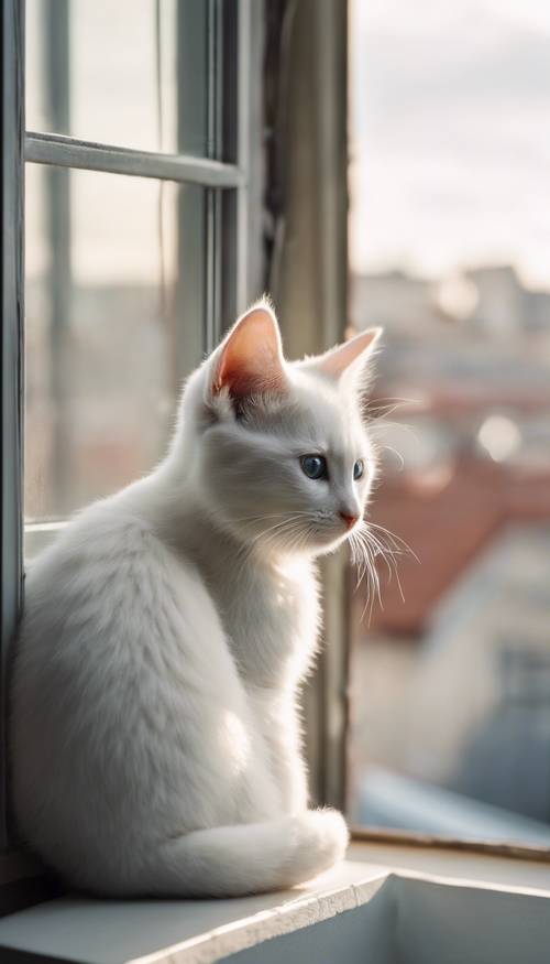 Un chaton blanc solitaire assis sur un rebord de fenêtre regardant un paysage urbain de midi avec curiosité.