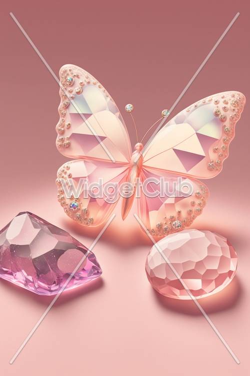 Borboleta rosa cintilante e pedras preciosas