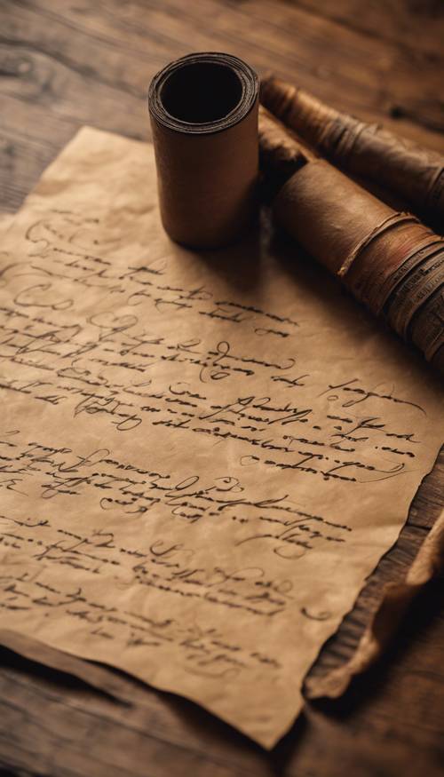 Un antico rotolo di carta marrone con calligrafia scritta a mano, srotolato su un tavolo di quercia. Sfondo [24c932facf32423eaa80]
