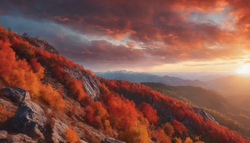 陡峭的岩石山坡，在秋日夕陽的火熱色彩下。