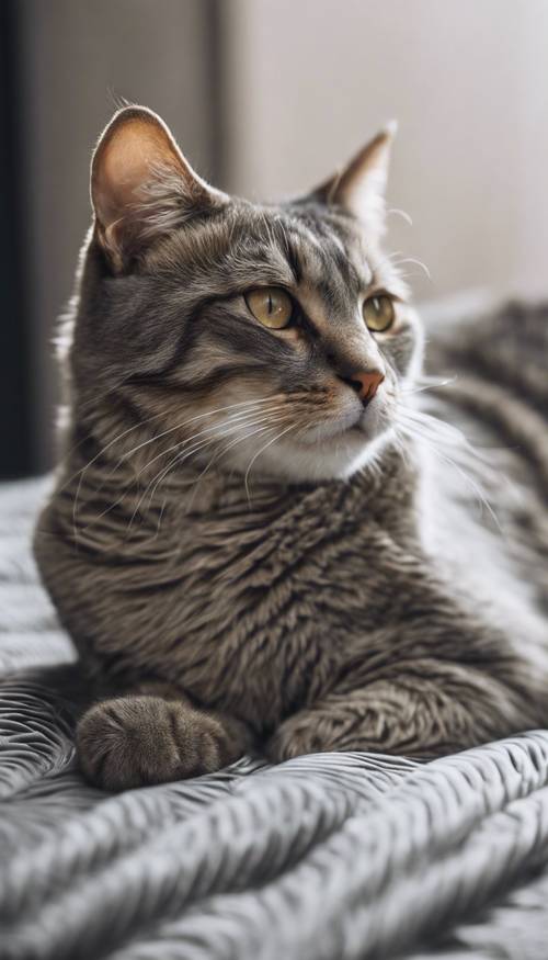 Um gato descansando em uma almofada cinza com padrão espinha de peixe.