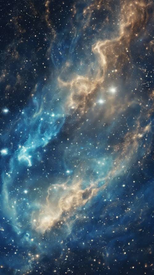 Un&#39;immagine surreale di un cielo ruggente dipinto con vorticose aure blu e stelle scintillanti.