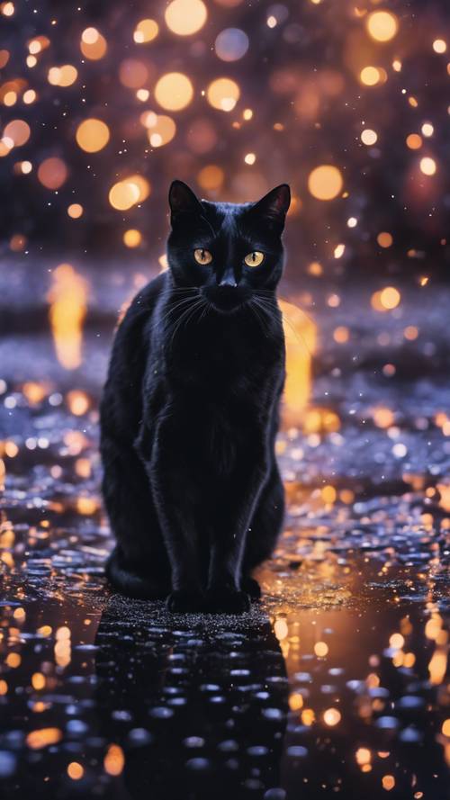 Seekor kucing hitam basah kuyup di bawah sinar bulan