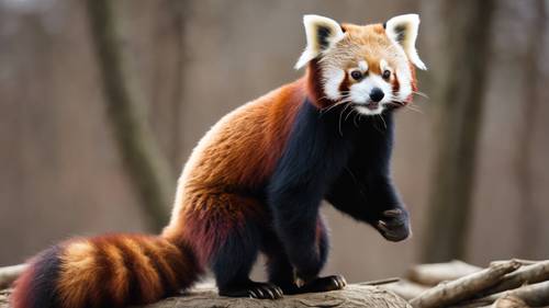 Panda czerwona stojąca na tylnych łapach, pokazująca swoje wyraźne oznaczenia.