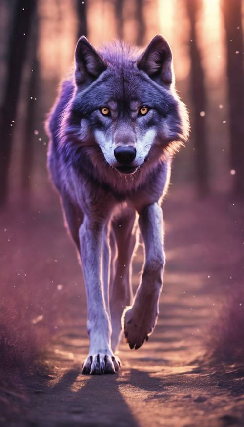 一隻逼真的紫色頭狼在暮色中引領著狼群。