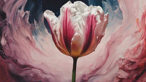 Một bức tranh trừu tượng về một bông hoa tulip khổng lồ bao bọc trái đất.