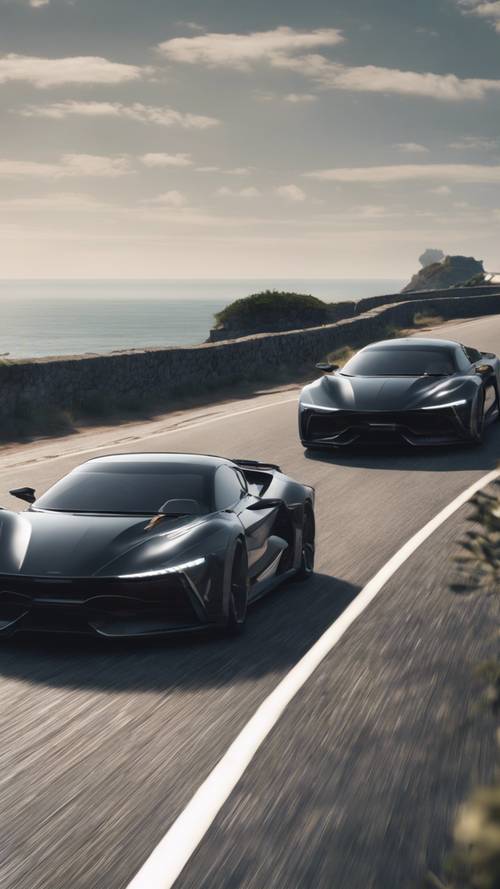 A pair of sleek, modern, black and gray hydrogen-powered sports cars racing along a coastal road.