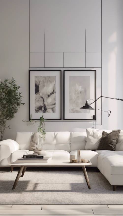 A simple modern living room with a cozy white sofa and minimalistic decor. Шпалери [07973d92a36d47189cfb]