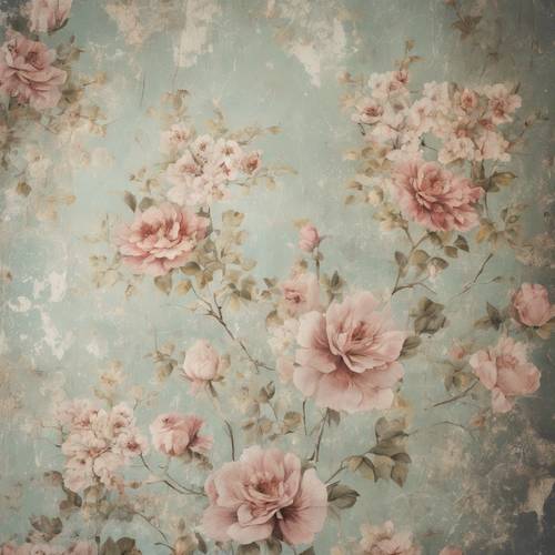 Shabby chic floral wallpaper peeling slightly from an old, distressed wall Tapeta [709e00a86759469889bc]