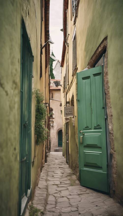 A narrow alleyway in a quaint European town, lined with sage green doors on both sides.
