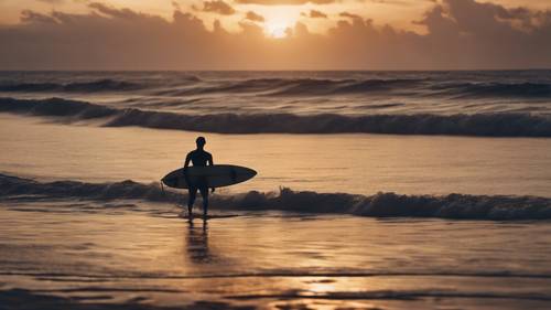 The silhouette of a surfer riding the waves at a tropical beach during twilight.