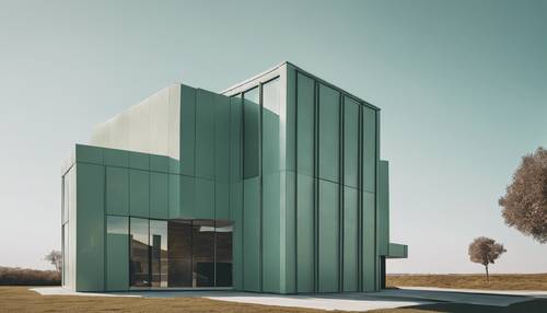 Bâtiment architectural minimaliste vert sauge contre un ciel clair