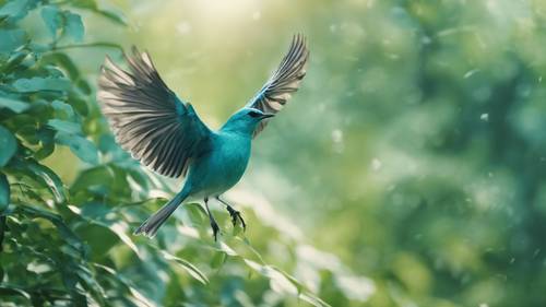 一只水蓝色的鸟在绿树海上空飞翔。
