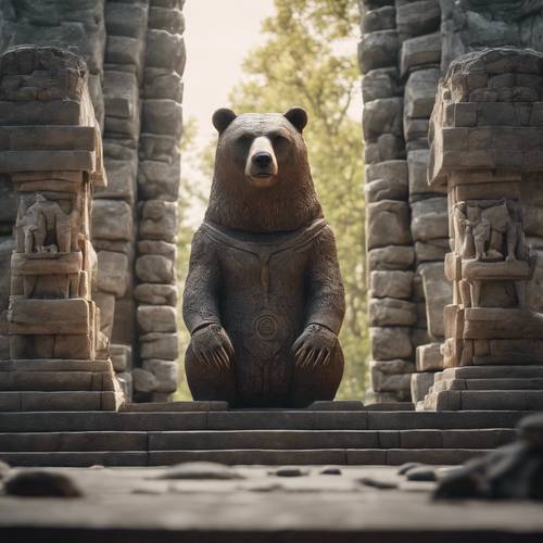 Ein ernster Bär steht als Wächter vor einem alten Steintempel.