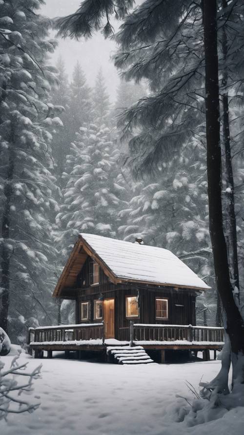 Eine einsame Holzhütte in einem kalten, dunklen immergrünen Wald, bedeckt mit dem ersten Schnee des Winters.