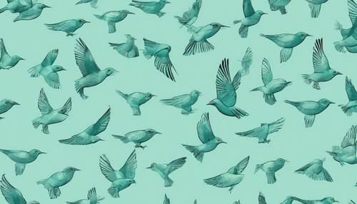 无缝图案：带有纹理的薄荷绿鸟儿在淡蓝色背景中飞翔