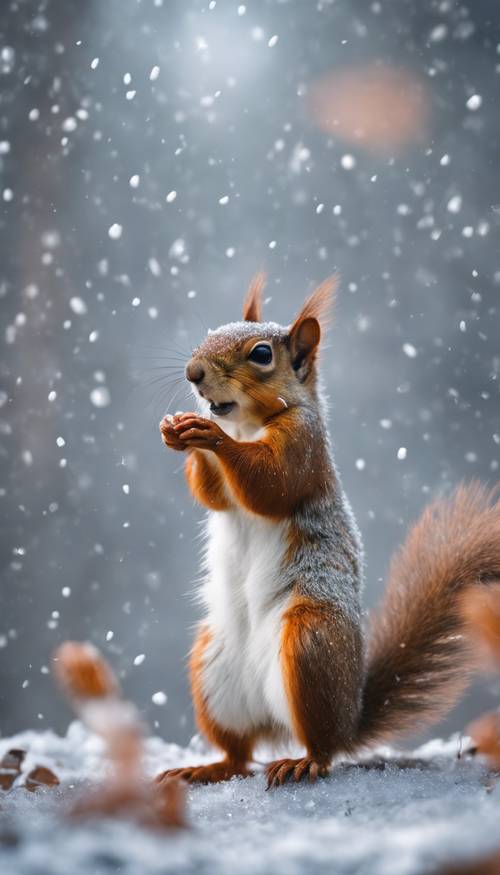 Squirrels gathering nuts in a misty winter forest, covered in frost and sparkling ice.