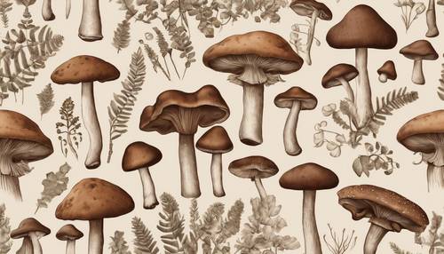 Um padrão inspirado em cottagecore mostrando cogumelos marrons, amoreiras e samambaias contra um fundo de linho cremoso.