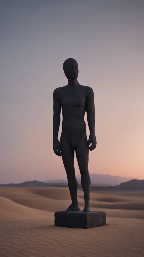 An outdoor, minimalist, charcoal-black sculpture standing solitary in a desert at twilight.