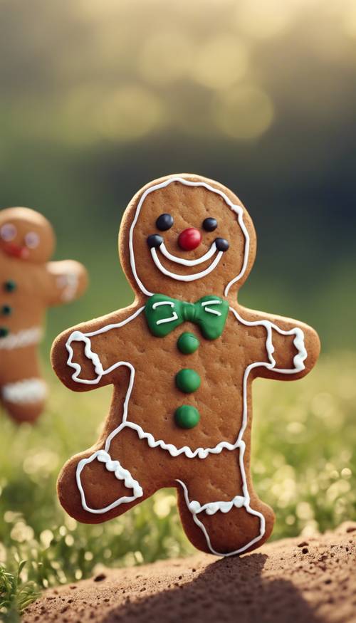 A delightful animation style image of a gingerbread man cookie running across a field.